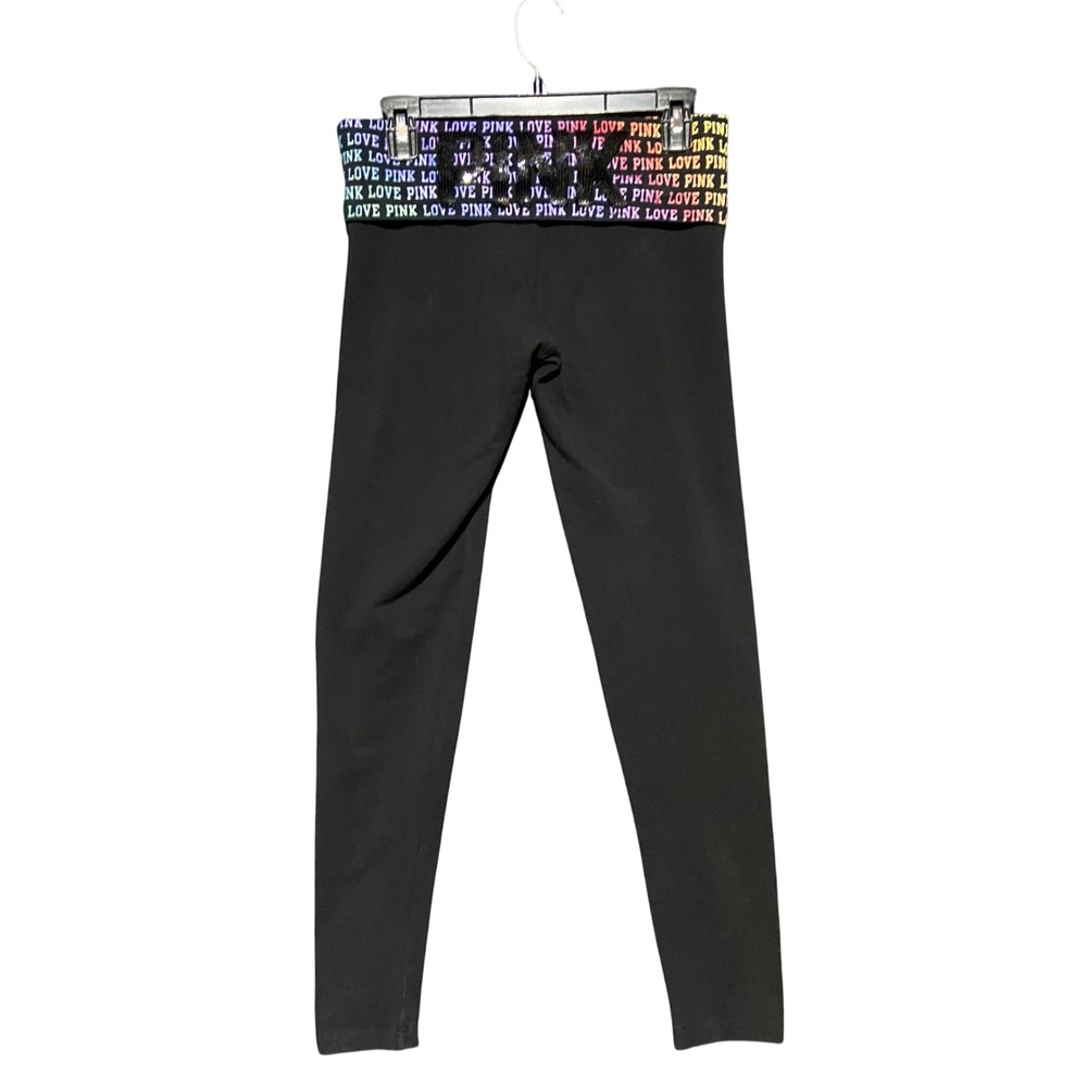 PINK Victoria's Secret Yoga Leggings Black Logo Foldover Waist Bling Small‎
